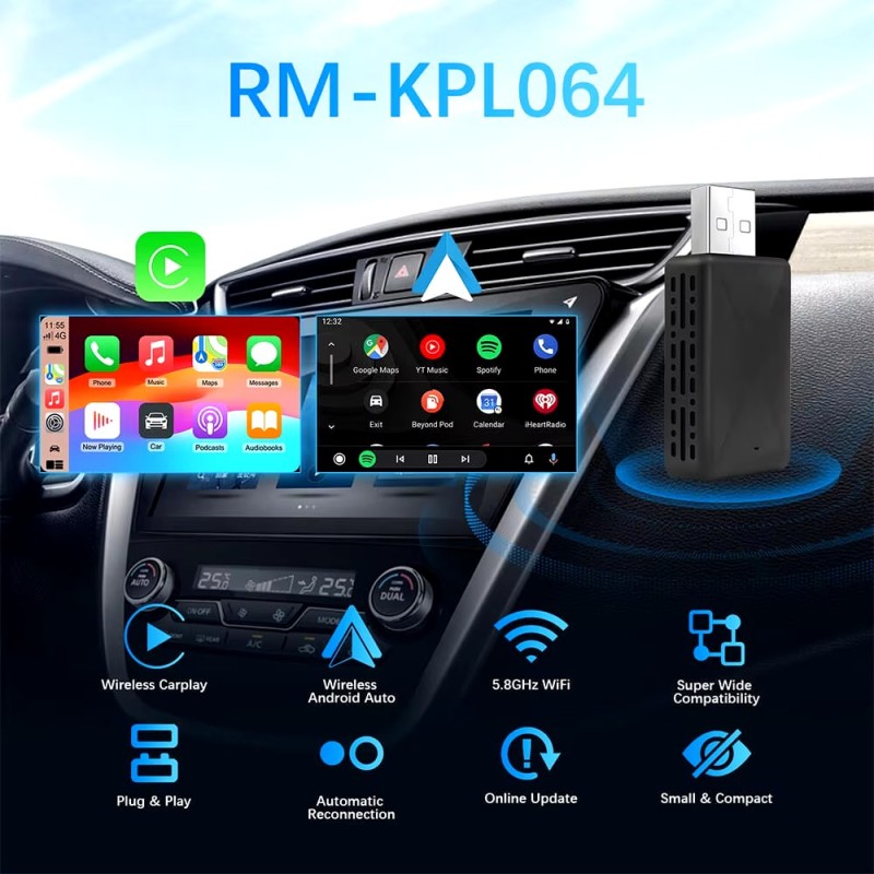Adaptateur 2 en 1 filaire vers sans fil Carplay Android Auto pour autoradio OEM avec USB Plug and Play | Navi Prof